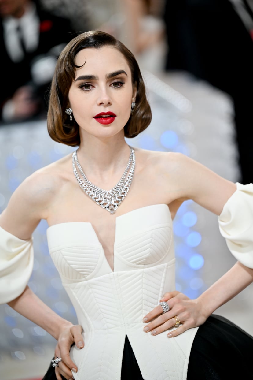 Lily Collins. at the 2023 Met Gala: Karl Lagerfeld: A Line of Beauty held at the Metropolitan Museum of Art on May 1, 2023 in New York, New York. (Photo by Michael Buckner/Variety via Getty Images)