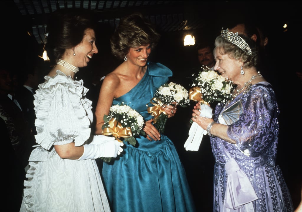 Princess Anne, Princess Diana, and the Queen Mother were presented with flowers at the royal premiere of A Passage to India in 1985.