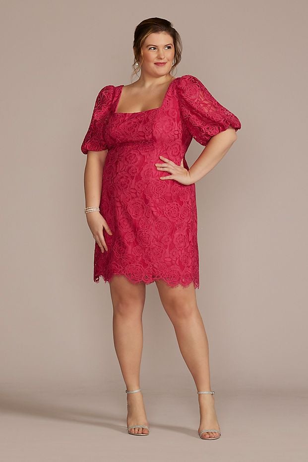 A Puff-Sleeve Dress: Knee Length Puff Sleeved Lace Sheath