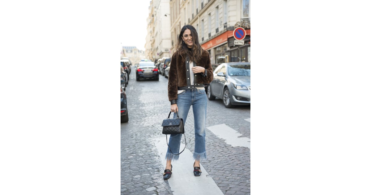 With a furry cropped jacket and loafers | Jeans Outfit Ideas | POPSUGAR ...
