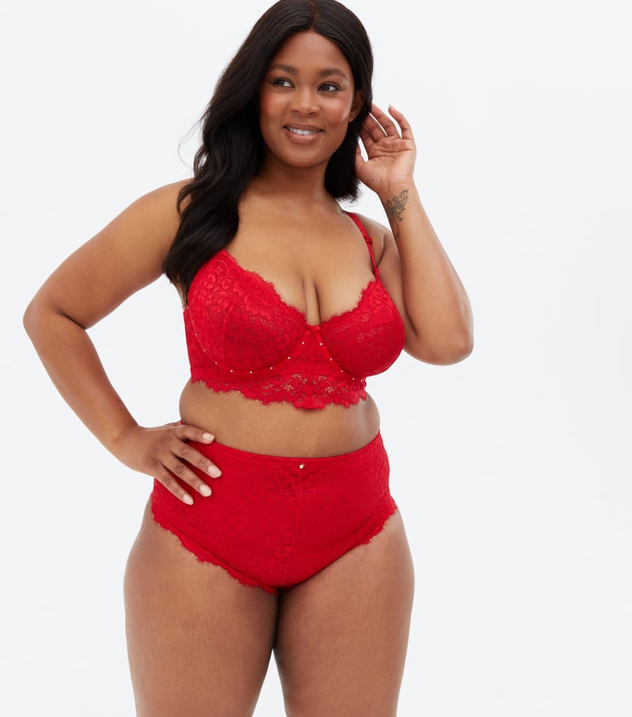 New Look Curves Red Lace Diamanté Demi Bra and Briefs