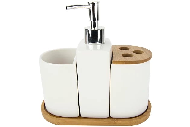 4 Piece Ceramic Bathroom Accessory Set with Bamboo Accents