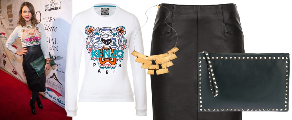 Jessica Alba Kenzo Tiger Sweatshirt and Leather Pencil Skirt