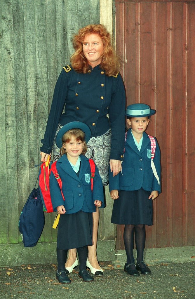Sarah was beaming with pride as she brought her girls to Upton House school in Windsor for Eugenie's first day in 1992.