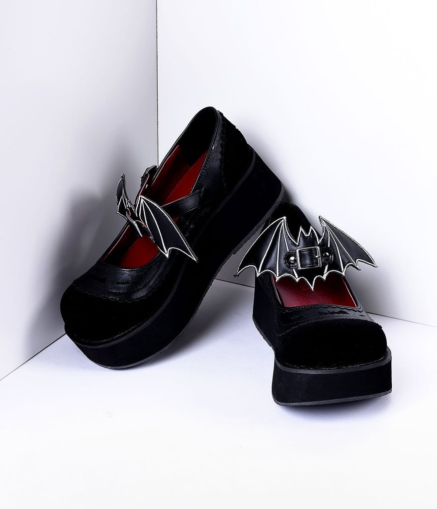 Black Faux Leather and Velvet Platform Mary Jane Creeper