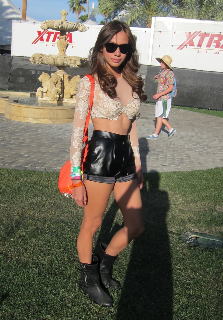This Coachella attendee channeled her inner '90s badness in leather shorts, a lace crop top, and tough boots.
Source: Chi Diem Chau