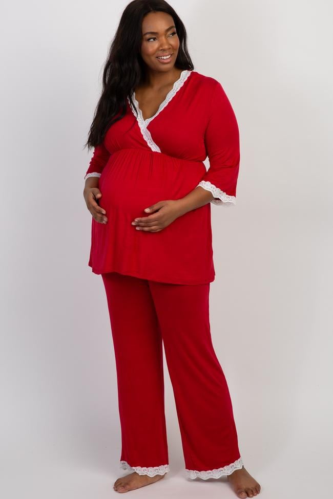 PinkBlush Red Lace Trim Maternity Pajama Set Maternity Christmas