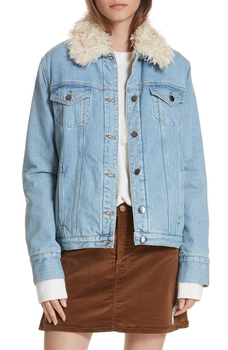 Frame Le Curly Faux Shearling Collar Denim Jacket