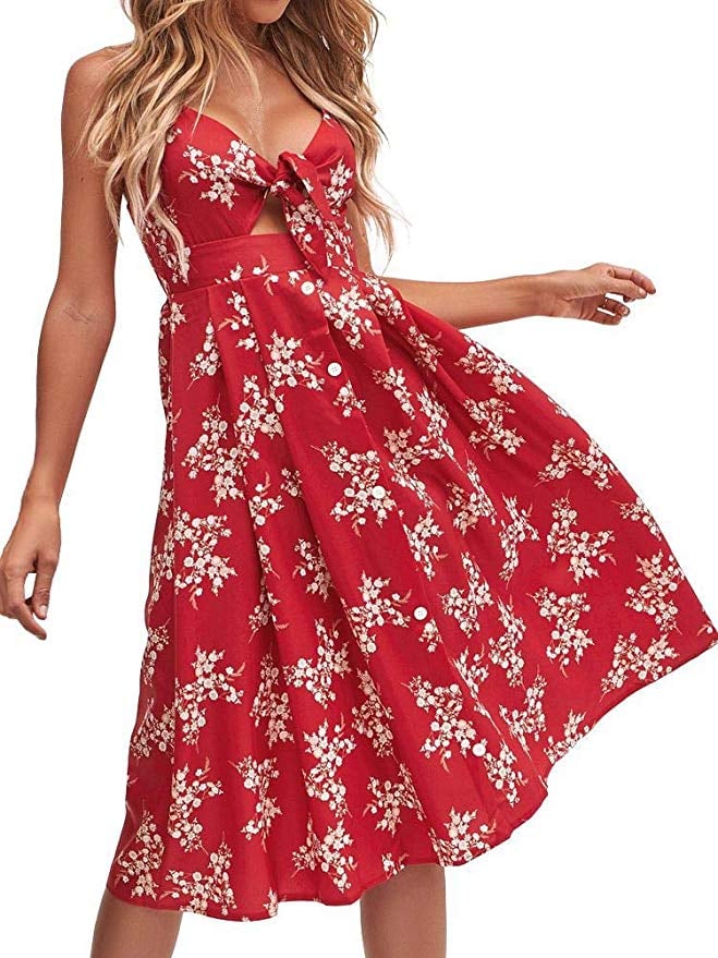 Fancyinn Floral Tie-Front Midi Dress