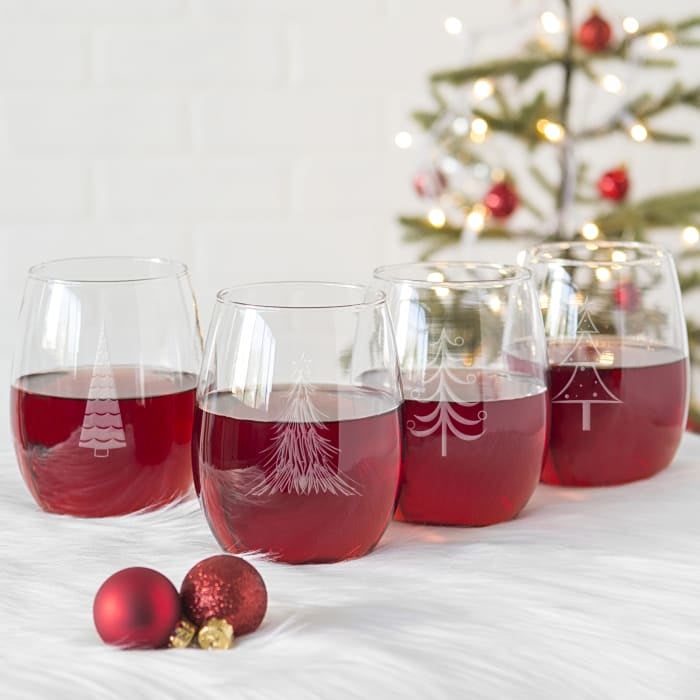 Holiday Trees Stemless Wine Glasses