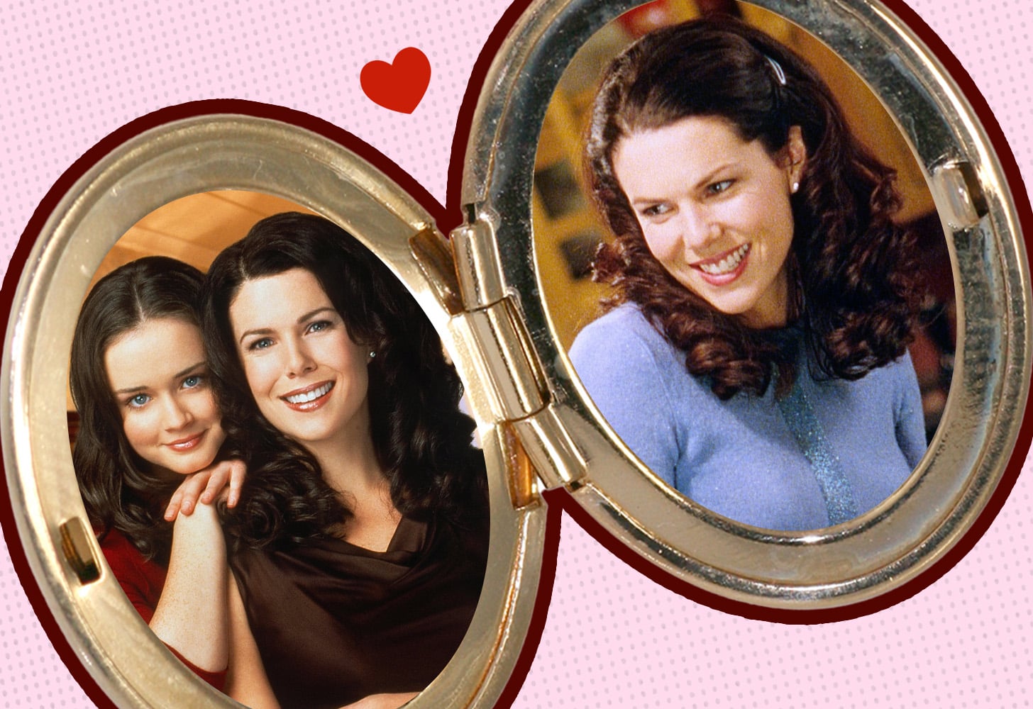 a heart locket with a photo of Rory and Lorelai Gilmore from Gilmore Girls