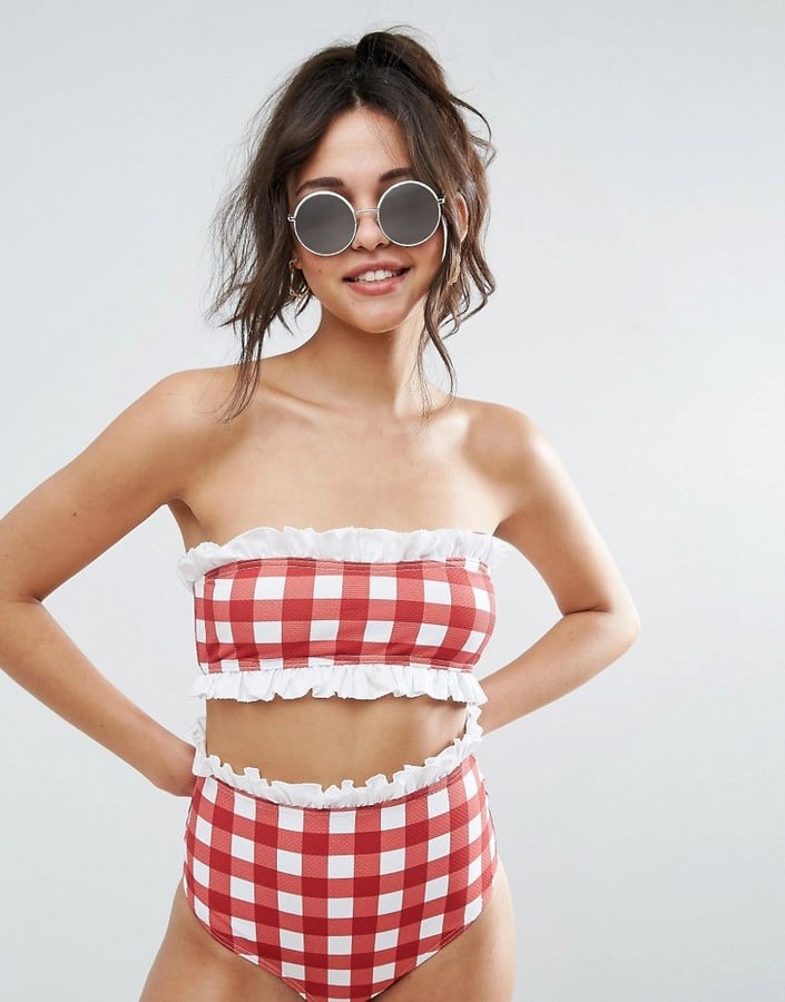 ASOS Gingham Print Cotton Frill Bandeau Bikini Top and High-Waist Bikini Bottom