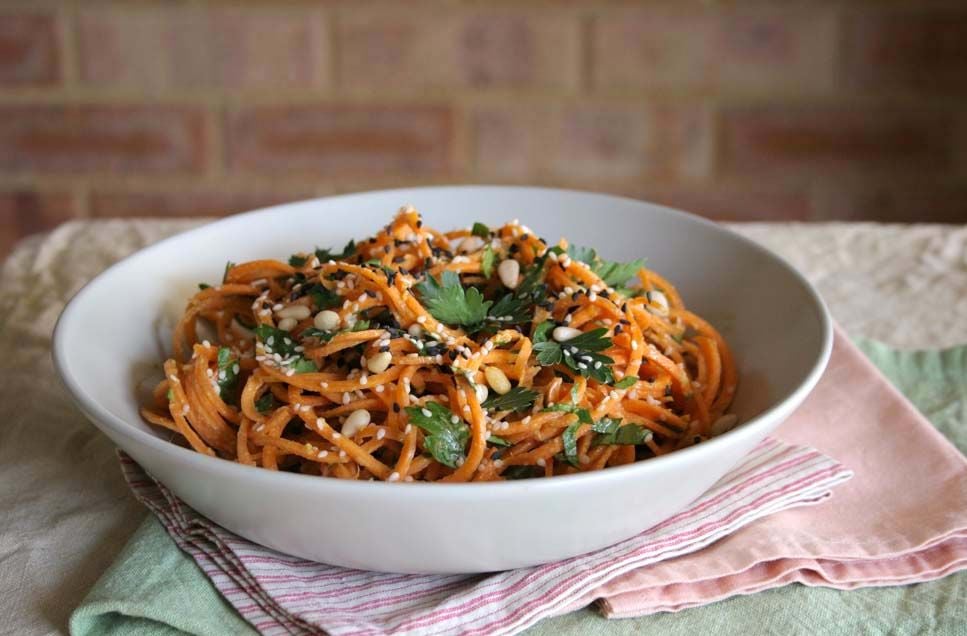 Carrot Pasta With Tahini Garlic Sauce