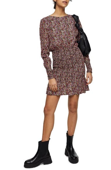 Topshop Floral Shirred Long Sleeve Minidress