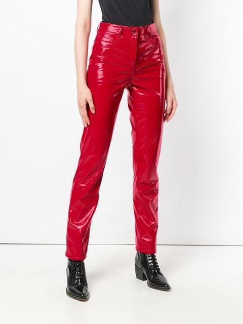 red faux leather trousers