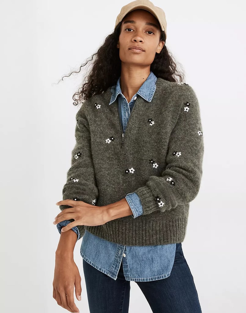 For an Embellished Look: Embroidered Enfield Half-Zip Sweater