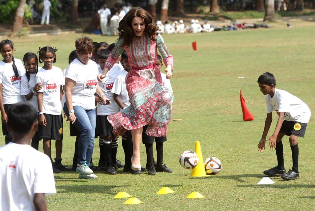 During her and William's April 2016 trip to India, Kate joined a group of children to play ball games — in heels!