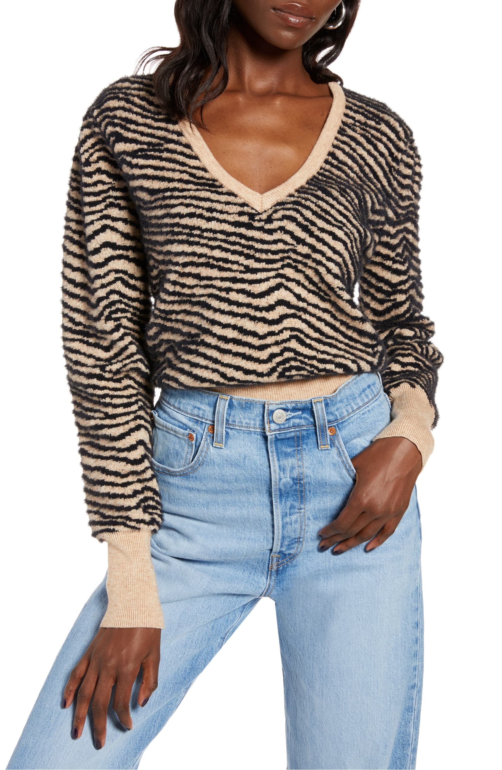 Astr the Label Tiger Stripe V-Neck Sweater | 25 Cozy, Comfy Sweaters You'll  Wear Constantly This Fall — All at the Nordstrom Anniversary Sale! |  POPSUGAR Fashion Photo 21