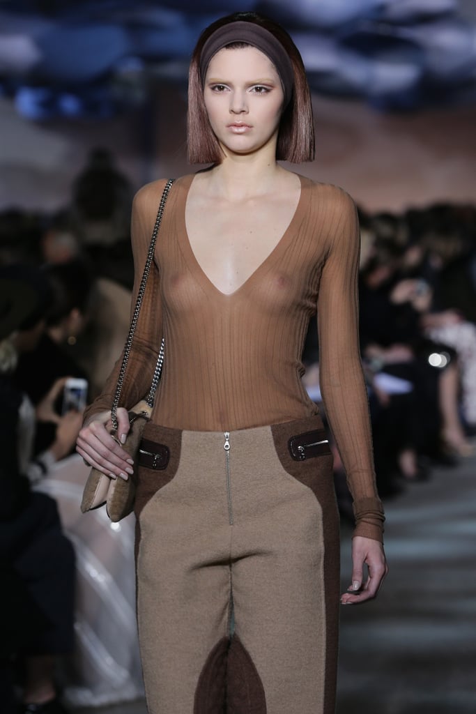 Kendall Jenner wore a very sheer shirt while walking in the Marc Jacobs show at New York Fashion Week.