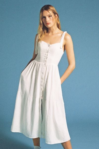 UO Positano Linen Tie-Shoulder Midi Dress