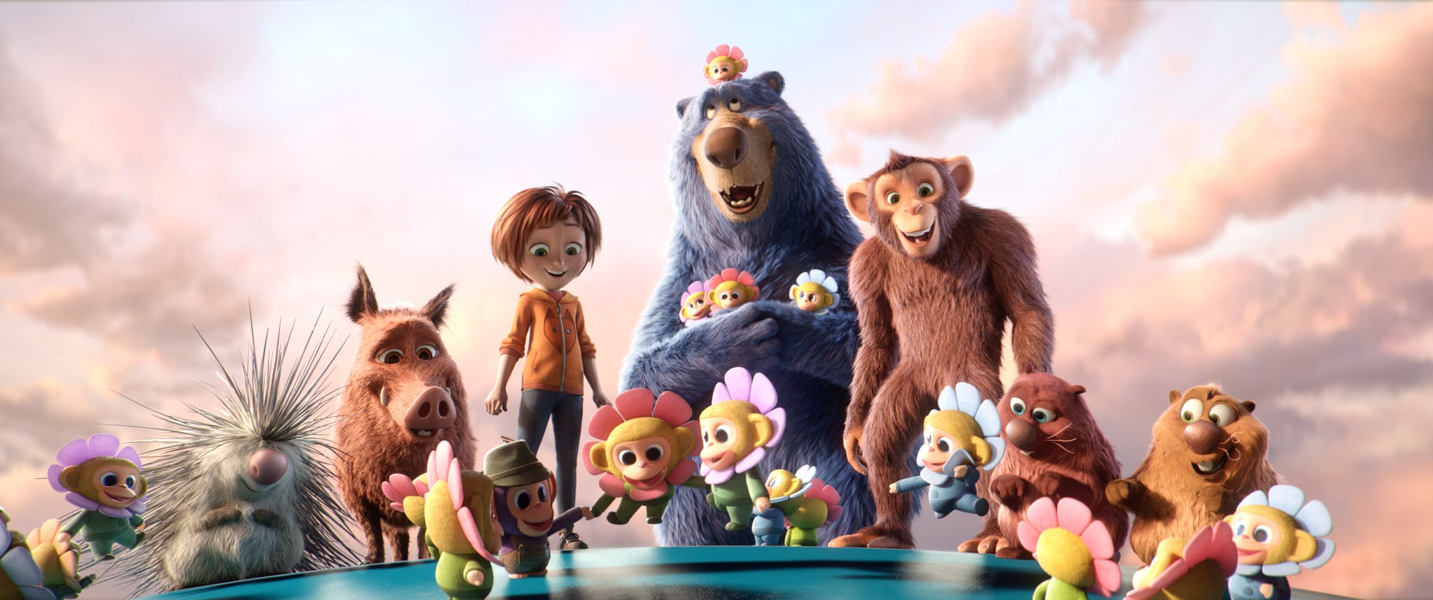 WONDER PARK, from left: Steve (voice: John Oliver), Greta (voice: Mila Kunis), June (voice: Brianna Denski), Boomer (voice: Ken Hudson Campbell), Peanut (voice: Norbert Leo Butz), Cooper (voice: Ken Jeong), Gus (voice: Kenan Thompson), surrounded by Chimpanzombies, 2019.  Paramount / courtesy Everett Collection