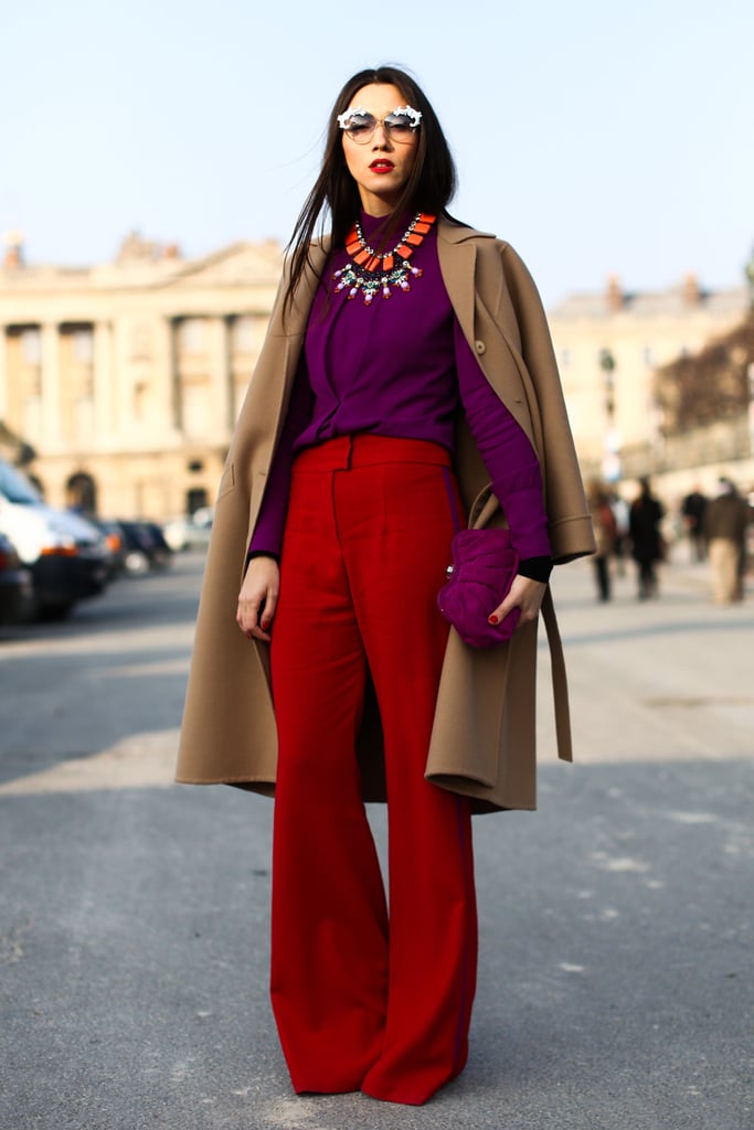 Jewel tones and statement jewels gave this trouser and top look a high-wattage twist.
Jewel tones and statement jewels gave this trouser and top look a high-wattage twist.