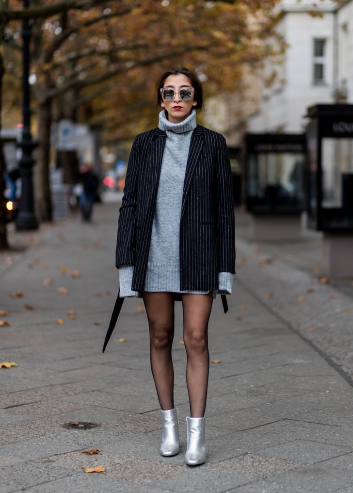 With a Grey Sweater Dress, a Striped Coat, and Silver Ankle Boots ...
