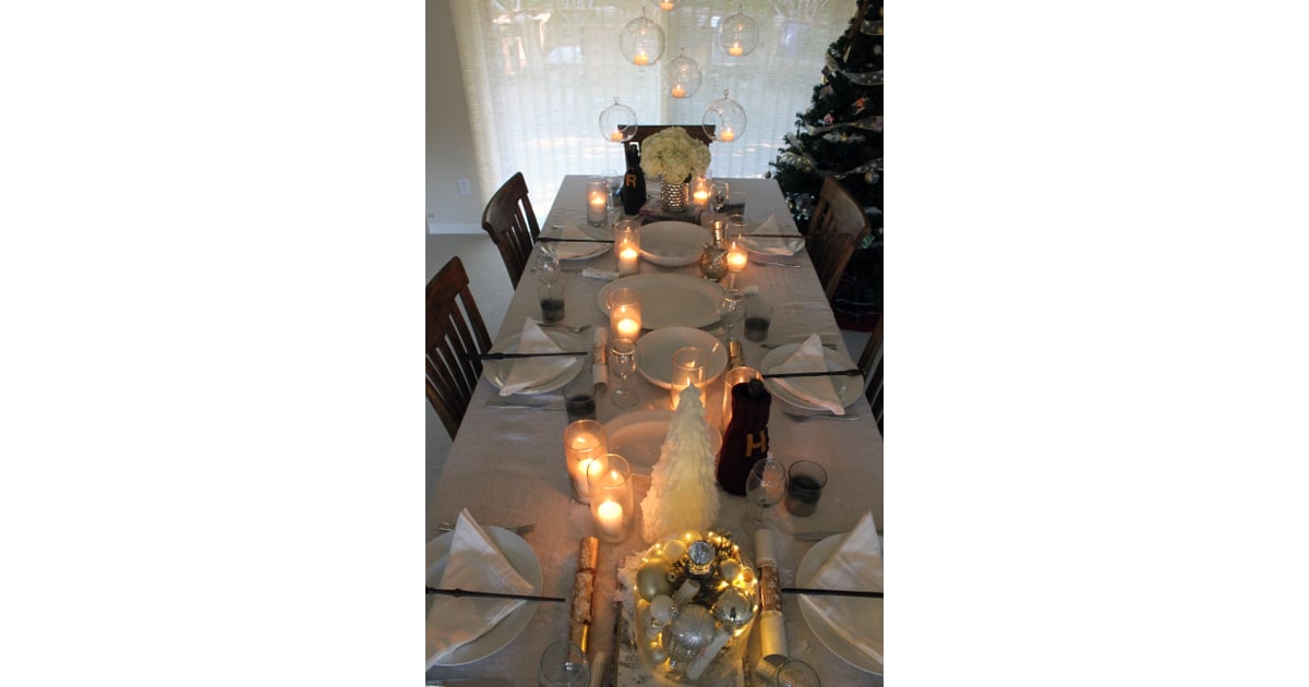 Create a wintry tablescape with white plates and napkins.