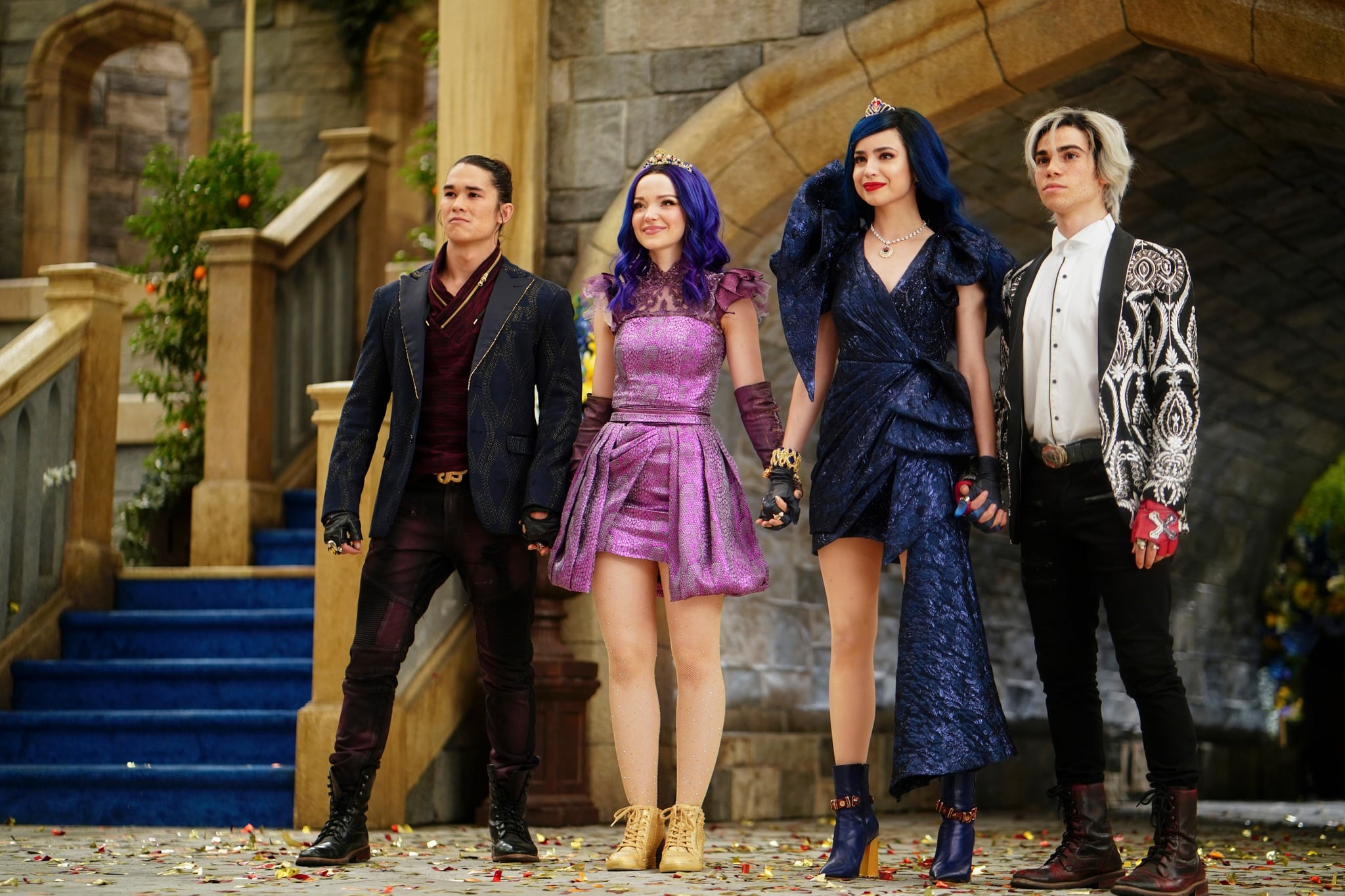 DESCENDANTS 3, from left: BooBoo Stewart, Dove Cameron, Sofia Carson, Cameron Boyce, (aired August 2, 2019), photo: David Bukach / Disney Channel / courtesy Everett Collection