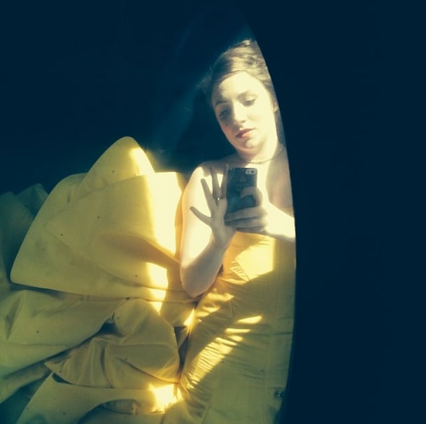 Lena Dunham captured a dramatic shot of her Zac Posen gown from the floor of her car!
Source: Instagram user lenadunham