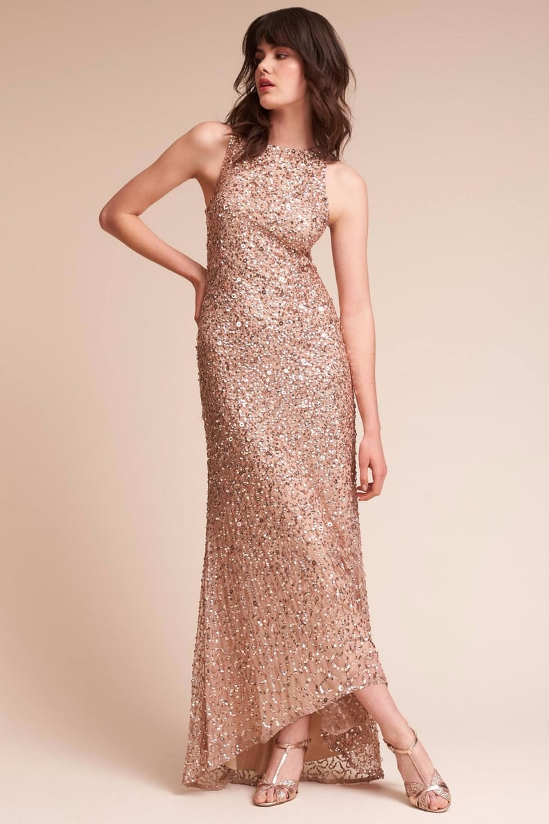 Champagne Sequin Maxi Dress with Mesh Back  Champagne formal dresses,  Bridesmaid dresses, Cute short dresses