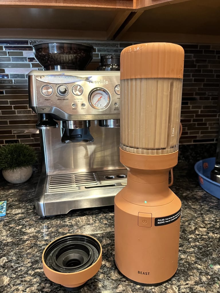 Beast Mighty 850 Blender ($149)
Three words: Best. Purchase. Ever. Yes, I already own the Beast in this fun terracotta shade, but I think the Mist colorway is my new favorite. Firstly, the strength is undeniable, and the fact that it's plug-in means it never has to be charged. I love how easy it is to twist off the top once my beverage is fully mixed, then twist on the sip cap to begin drinking when I'm whipping up a smoothie. And if I'm making a dressing, I use the same top for an easy pour onto salads. The machine doesn't start until all pieces are fully secured and locked in place, so all messes are entirely avoided. I honestly don't think a day goes by when I don't use mine. You can read our editors' Beast Mini Blender review for even more thoughts about the everyday kitchen essential.
Editor Quote: "Other apartment-friendly blenders I've used in the past aren't able to deliver that creamy consistency, but instead have random chunks left over, which makes for an unpleasant smoothie experience. It performs as well as a higher-end model like a Vitamix, but without the clunky design.
Unlike other blenders on the market, this has simple controls: a pulse mode or a blend mode. I sometimes use the pulse mode to grind down greens or fruits if I fill it to the brim or if there are too many textures, but I usually let it sit on blend mode while making my morning coffee. The Mini Beast Blender is also probably one of the chicest kitchen appliances I own, and guests always ask about it." — Anvita Reddy, former assistant shopping editor