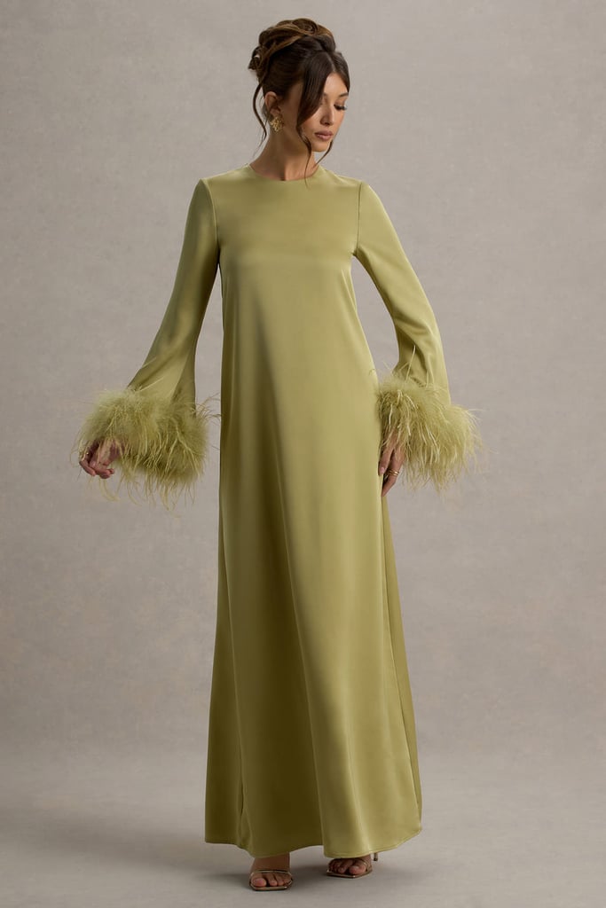 Club L London Adella Light Green Satin Feather-Trim Maxi Dress
