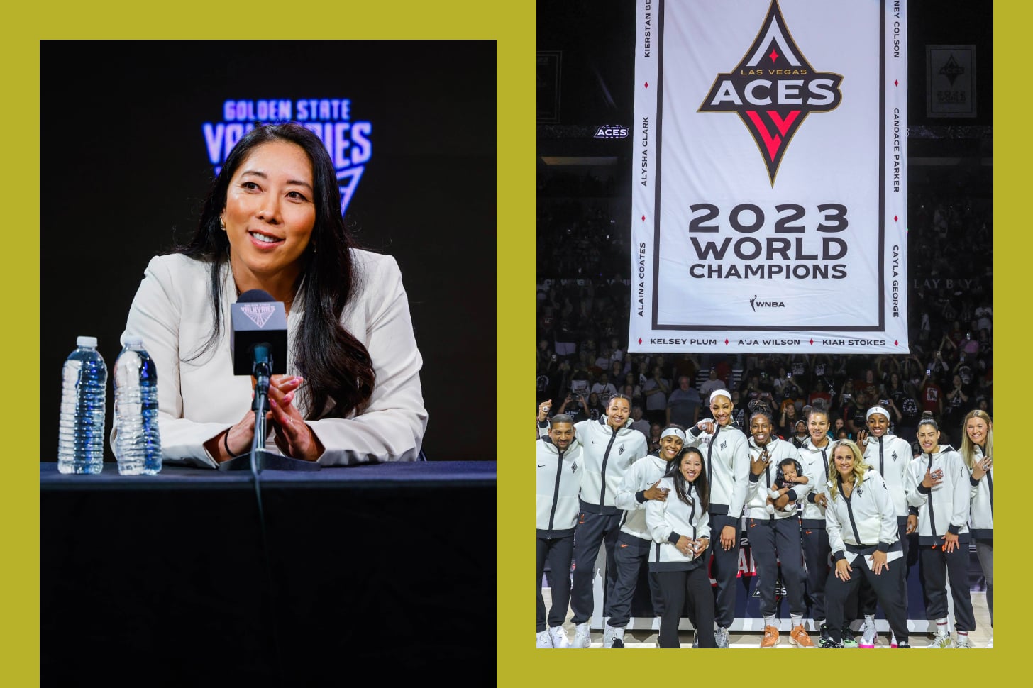 Natalie Nakase at the Valkyries press conference and standing with the Las Vegas Aces team.