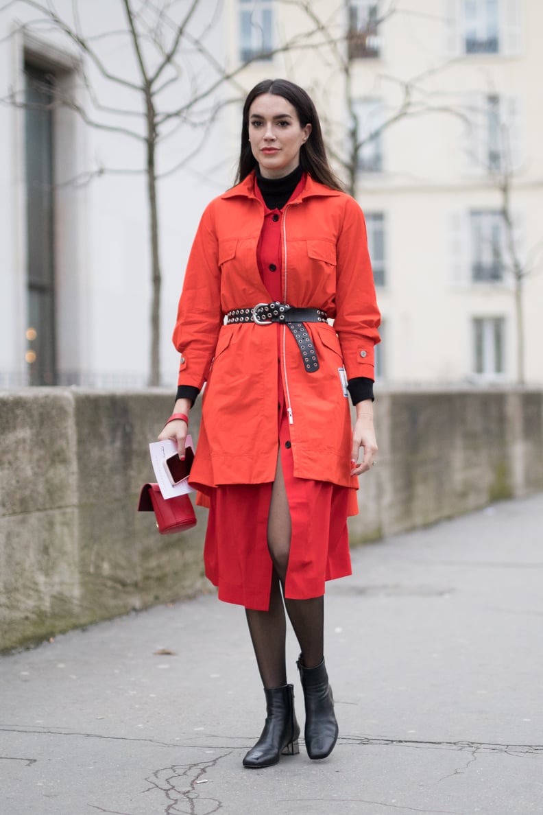 Layer Your Dress With a Turtleneck, Red Coat, Tights, and Black Ankle Boots