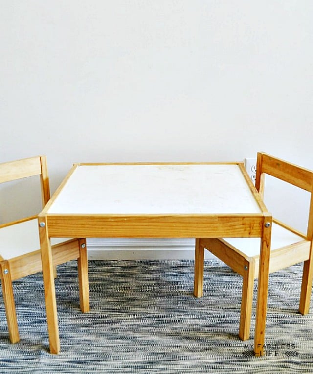 The original table is simple and uninspired, but instead of seeing "boring," Jenn saw potential.