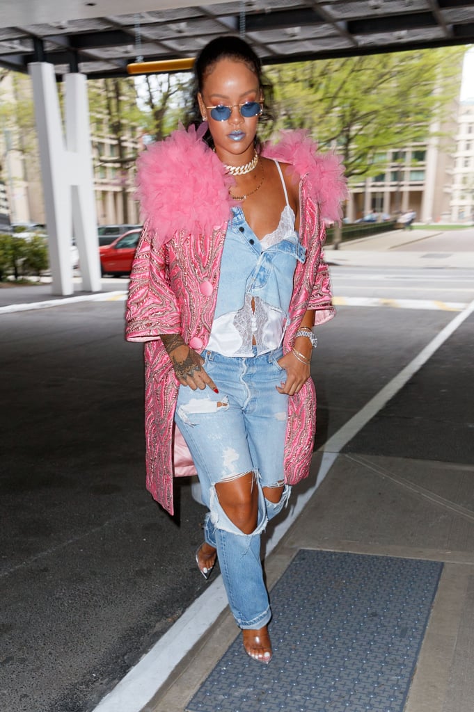 See how Rihanna styled the Savage x Fenty white camisole with a bright Marc Jacobs coat on the street.