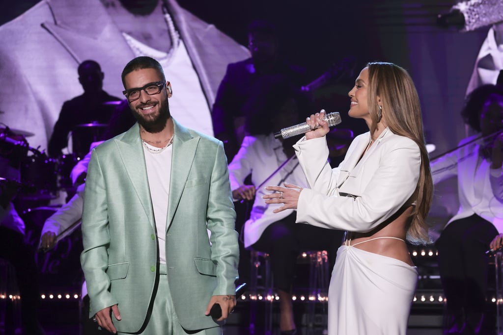 J Lo's Cropped Jacket, Bra, and Thong Skirt on Tonight Show