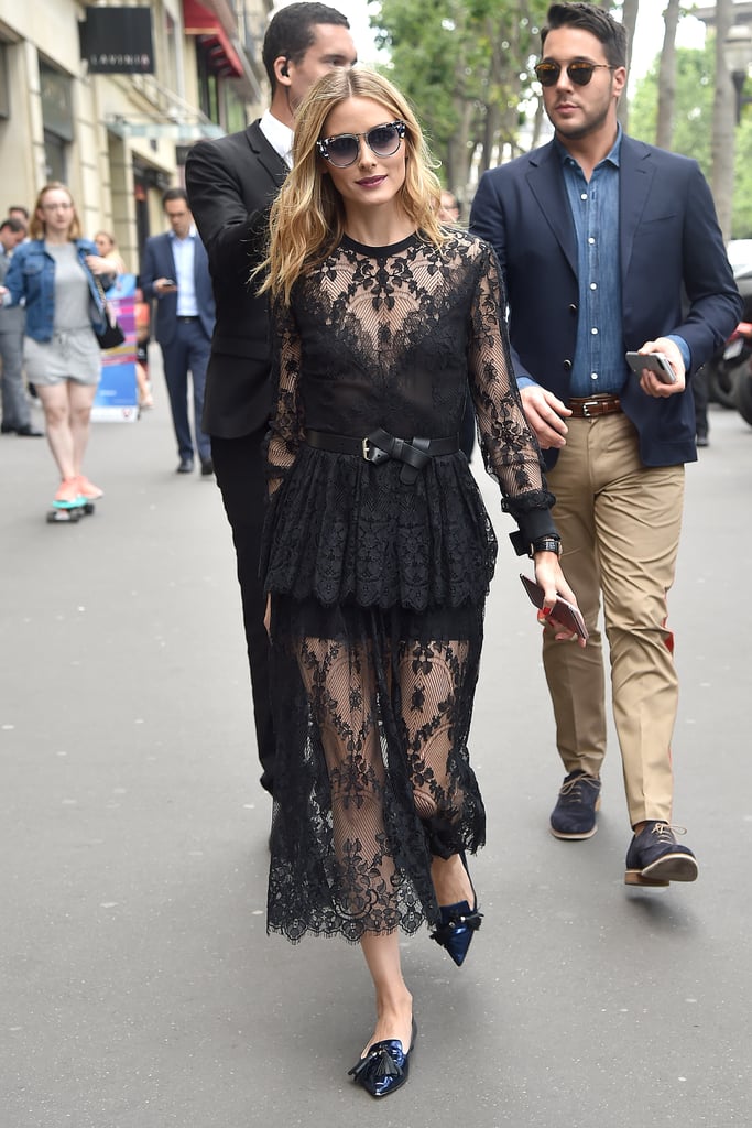Just because you're getting fancy á la Olivia in this lace look doesn't mean flats aren't a perfect finish. We love that these loafers grounded the flirty dress.