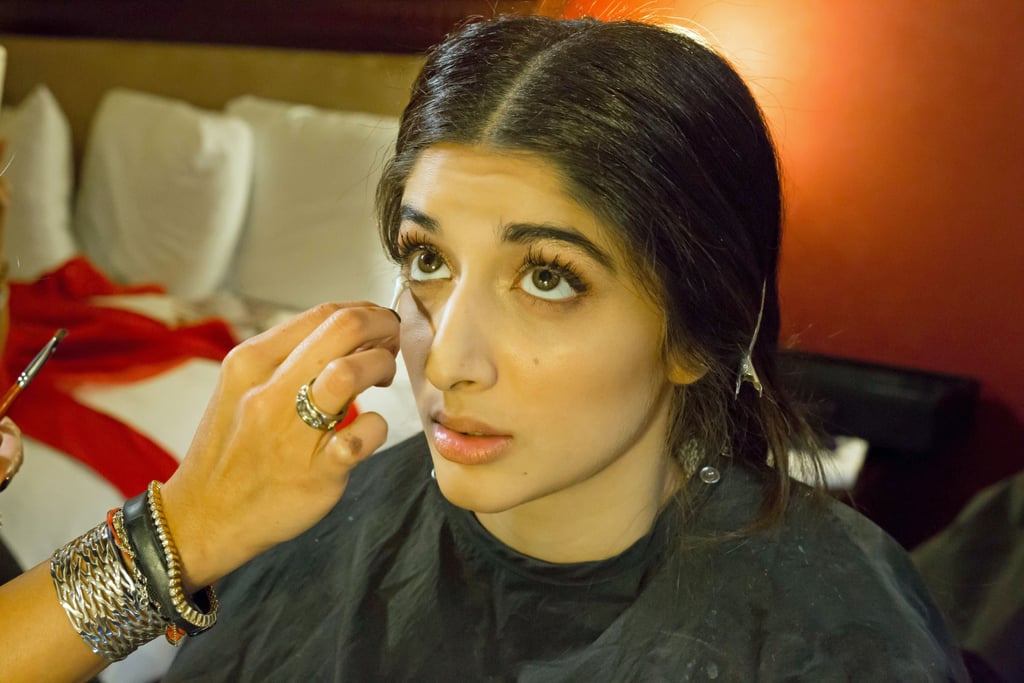 The key component of this look was definitely the eye makeup. Karuna used Make Up For Ever Star Powder in #922 ($20) to illuminate the inner corners of Mawra's eyes while picking up on the golden glints in her outfit.