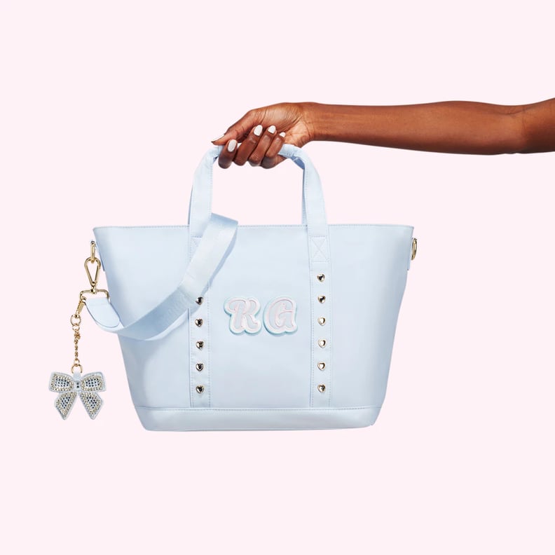 For Everyday Necessities: Embellished Baby Blue Nylon Mini Tote Bag