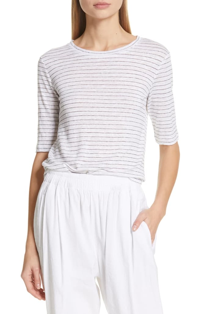 Vince Micro Stripe Elbow Sleeve Linen Top