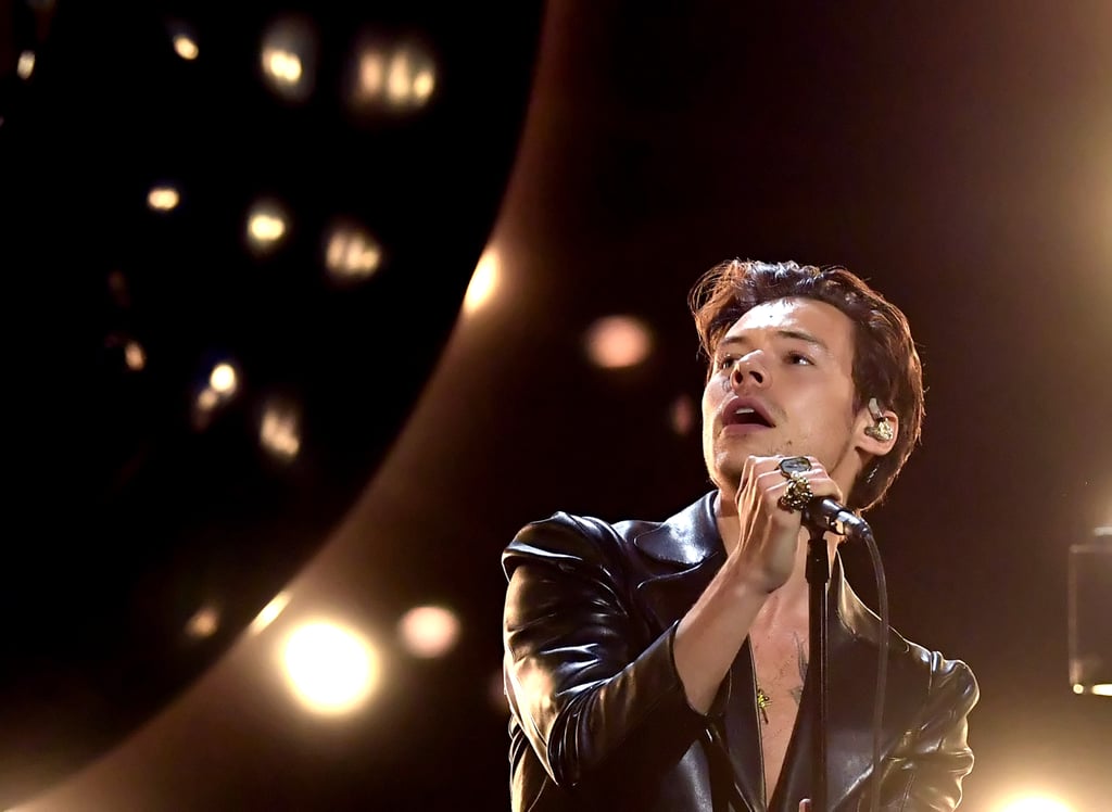 Harry Styles Wears Leather Suit and Fuzzy Scarf For Grammys