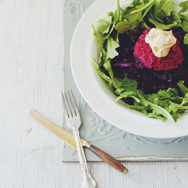 Instead of opting for a heavy bun, enjoy your burger (veggie or otherwise) on top of a fresh bed of arugula. 
Source: Instagram user brewinghappiness