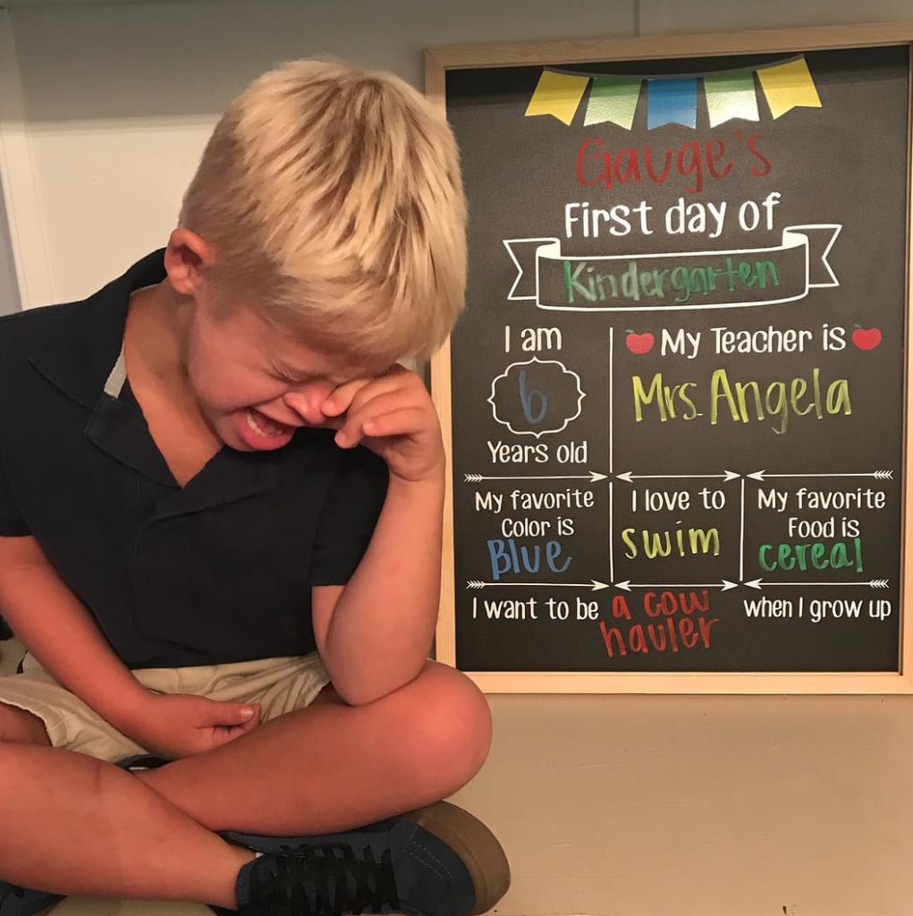 Aw! This little guy doesn't seem to thrilled about starting kindergarten. Bonus points for wanting to be a "cow hauler" when he grows up.