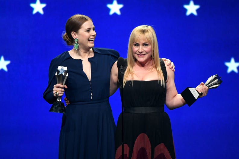SANTA MONICA, CA - JANUARY 13:  Amy Adams (L) and Patricia Arquette, co-winners of the Best Actress in a Limited Series or Movie Made for Television award (Adams for 'Sharp Objects' and Arquette for 'Escape at Dannemora') accept their awards onstage durin