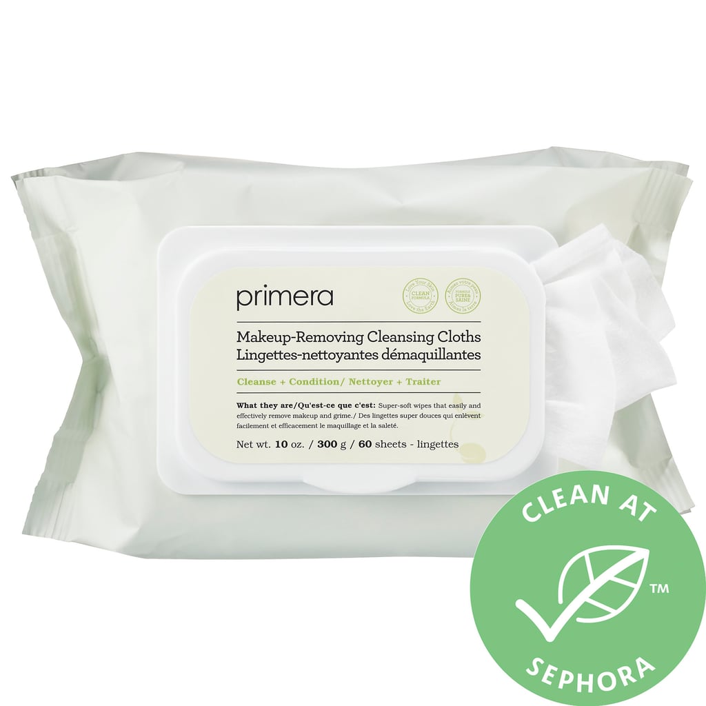 Other makeup removal wipes add a second job to that cleansing task, like these Primera Makeup-Removing Cleansing Cloths ($26), which pack in skin-softening olive oil and soothing aloe vera, and are totally clean products safe for your skin.