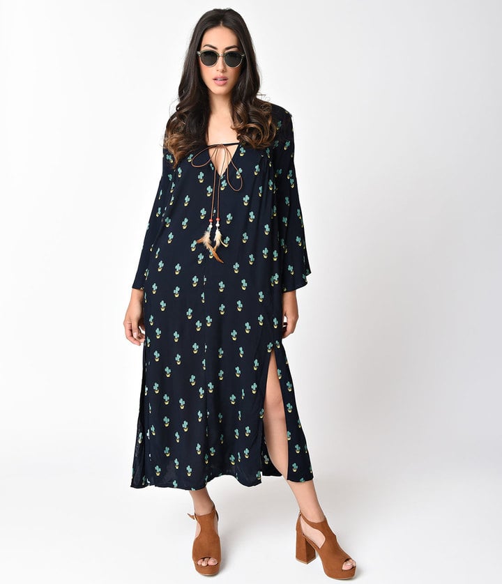 Unique Vintage 1970s Style Navy Blue & Cactus Print Long Sleeve Flare Dress ($62)