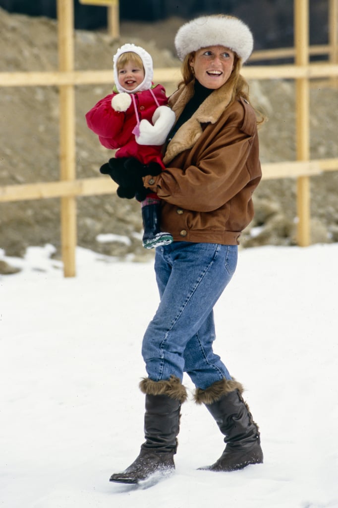 Sarah — wearing a '90s-cool Winter look — carried Beatrice through the snow while vacationing in Switzerland in 1990.