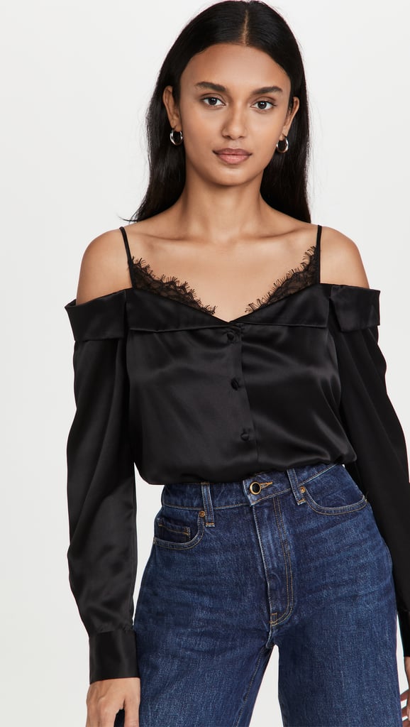 A Button-Down With a Twist: Jonathan Simkhai Caylee Silk Lace Plisse Off Shoulder Button Down